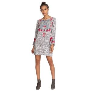 Johnny Was Inigo Print Dress Floral Embroidered Long Sleeve Mini Gray Casual